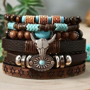 Bohemian Multi-Layer 6-Piece Western Bracelet Set Brown, Turquoise, Silver NWT